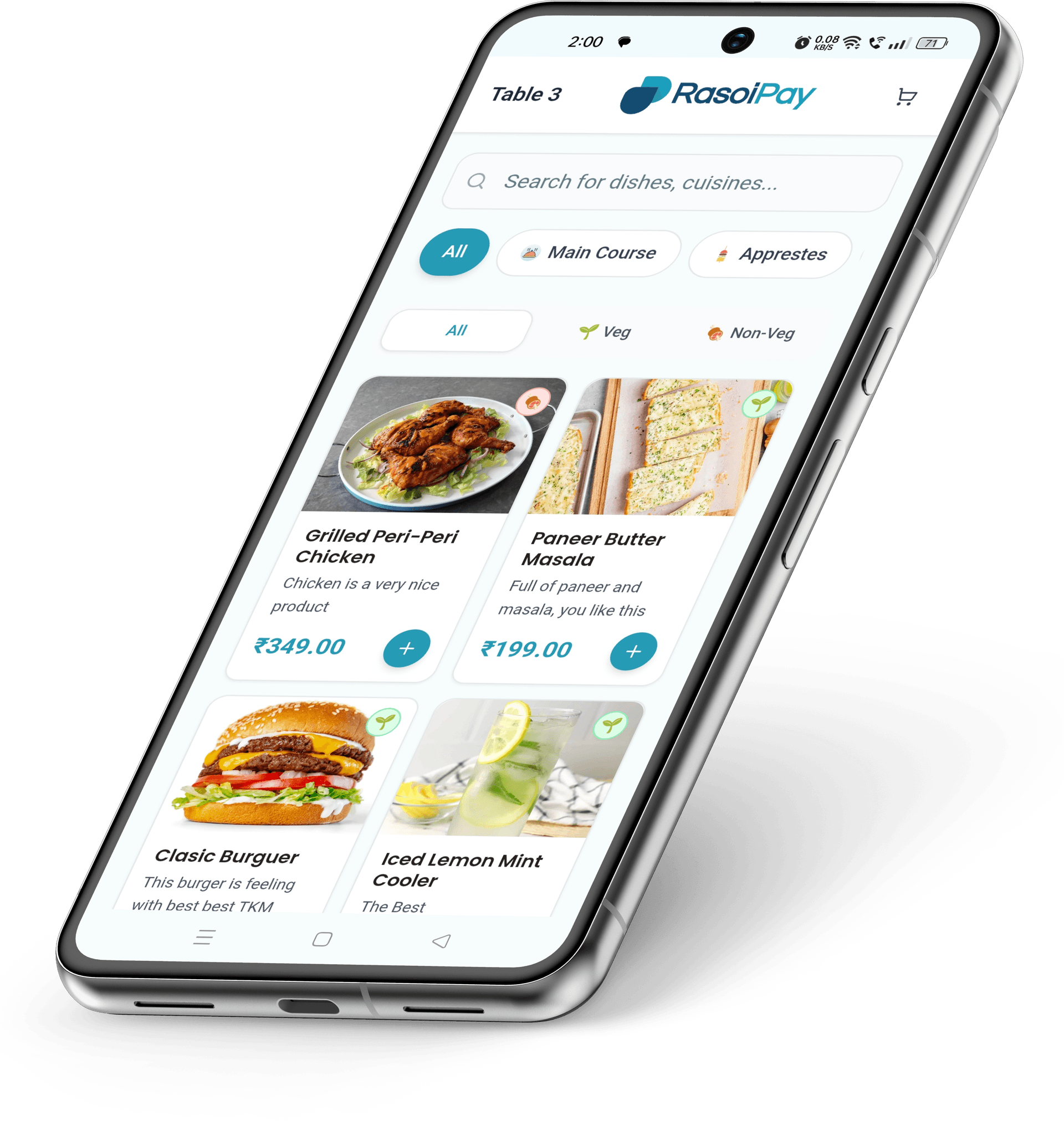 RasoiPay mobile interface showing restaurant menu